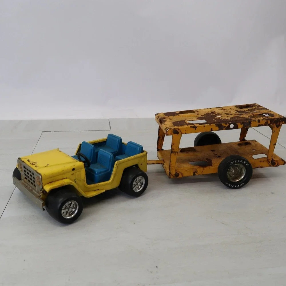 Buddy L Jeep Hauler Yellow & Blue With Trailer 2 Piece Set Vintage 1970s